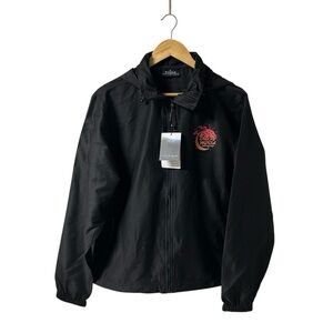 Fossa Windbreaker Jacket Sz L Zip Up Water Resistant Hidden Hood Black NWT